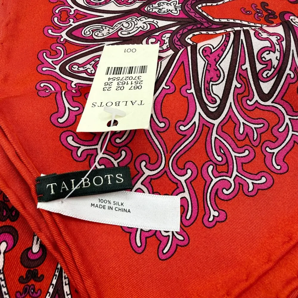 Talbots 100% Silk Scarf NWT Pink & Red Medallion Square Scarf 34